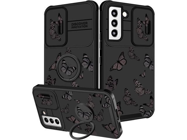 (2in1 for Samsung Galaxy S21 FE 5G Case for Women Girls Butterfly Cute Phone Cover Girly Pretty Aesthetic Black Design with Camera Cover and Ring...