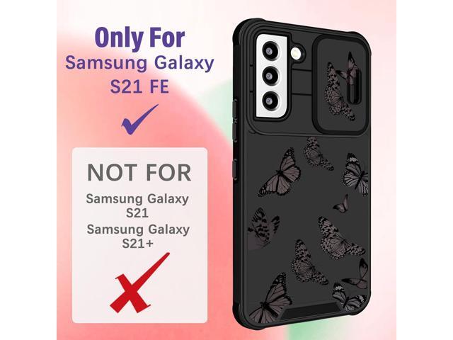(2in1 for Samsung Galaxy S21 FE 5G Case for Women Girls Butterfly Cute Phone Cover Girly Pretty Aesthetic Black Design with Camera Cover and Ring...