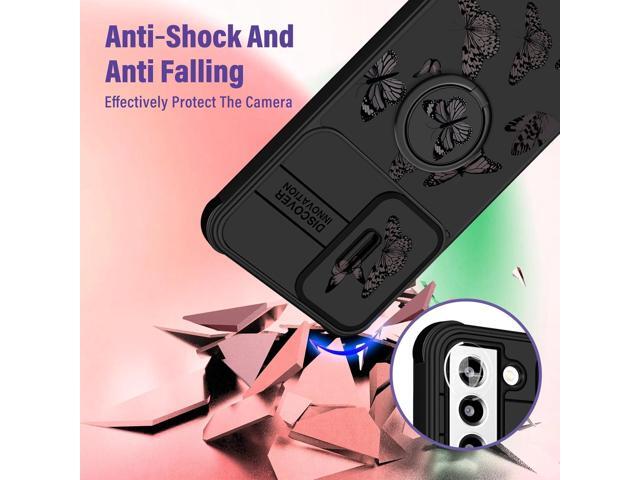 (2in1 for Samsung Galaxy S21 FE 5G Case for Women Girls Butterfly Cute Phone Cover Girly Pretty Aesthetic Black Design with Camera Cover and Ring...