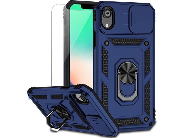 for iPhone XR Case with Camera Lens Cover HD Screen Protector, Dual Layer [15 FT Military Grade Drop Protection] Magnetic Ring Holder Kickstand...