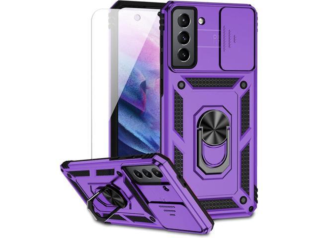 for Samsung Galaxy S21 FE 5G Case with Camera Lens Cover HD Screen Protector, Military-Grade Drop Tested Magnetic Ring Holder Kickstand Protective...