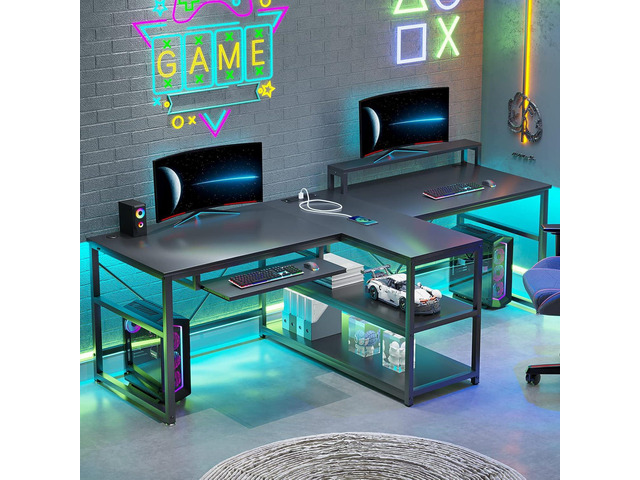 SEDETA 94.5' 2 Person Gaming Desk with Storage Shelves, LED Light, Black Double T Shaped Office Desk with Keyboard Tray, Power Strip with USB &...