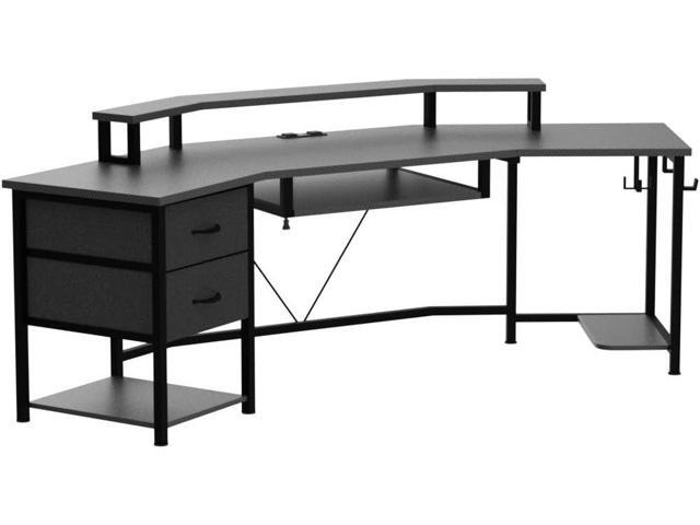 79' Gaming Desk, Computer Desk with 2 Fabric Drawers & LED Light, L Shaped Gaming Desk with Storage Shelf for Home Office, Carbon Fiber Black