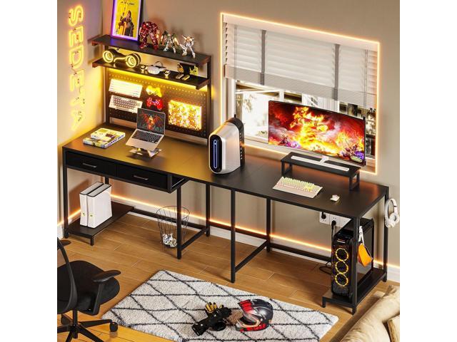 L Shaped Gaming Desk with LED Lights, Pegboard and Drawers, Gaming Desk with Hutch, Computer Desk with Monitor Stand, Storage Shelves, Home Office...