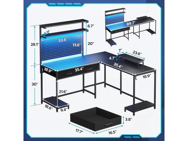 L Shaped Gaming Desk with LED Lights, Pegboard and Drawers, Gaming Desk with Hutch, Computer Desk with Monitor Stand, Storage Shelves, Home Office...