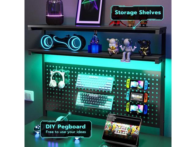 L Shaped Gaming Desk with LED Lights, Pegboard and Drawers, Gaming Desk with Hutch, Computer Desk with Monitor Stand, Storage Shelves, Home Office...