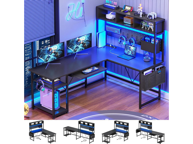 SEDETA L Shaped Gaming Desk with Hutch, 57.5 Reversible Corner Computer Desk with Storage Shelves, Gaming Desk with Pegboard, LED Lights, Power...