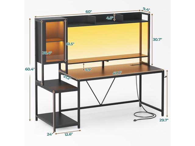 SEDETA Gaming Desk, 60'' Gaming Desk with Hutch and LED Lights, Computer Desk with Storage Shelves, Large PC Gamer Desk with Display Cabinet,...