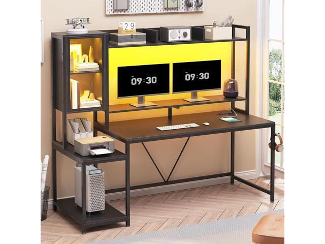 SEDETA Gaming Desk, 60'' Gaming Desk with Hutch and LED Lights, Computer Desk with Storage Shelves, Large PC Gamer Desk with Display Cabinet,...