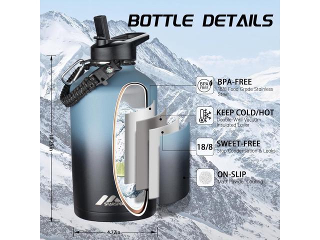StarSpeed 64oz Insulated Water Bottle with Straws & 2 Lids, Half Gallon Stainless Steel Double Walled Vacuum Water Jug, Large Wide Mouth with...