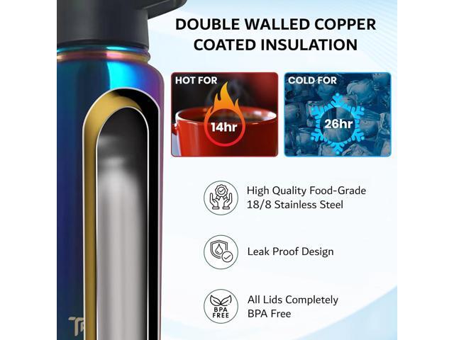 Travel Water Bottle with 3 Lids (Spout, Straw, Flip) Leak Proof, Quality, Vacuum Insulated, Stainless Steel (Rose Gold, 22 oz)