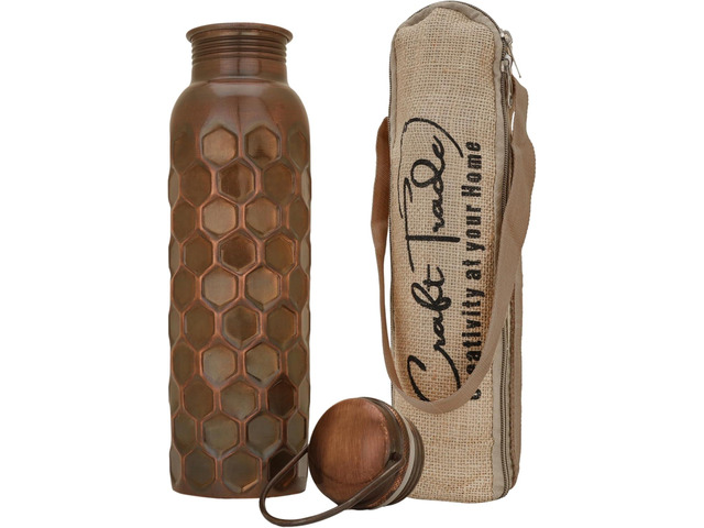 Craft Trade Hammered Pure Copper Bottle with Lid and Carry Bag for Drinking Water BPA Free Leak Proof Boosts Immunity, Supports Digestive & Liver...