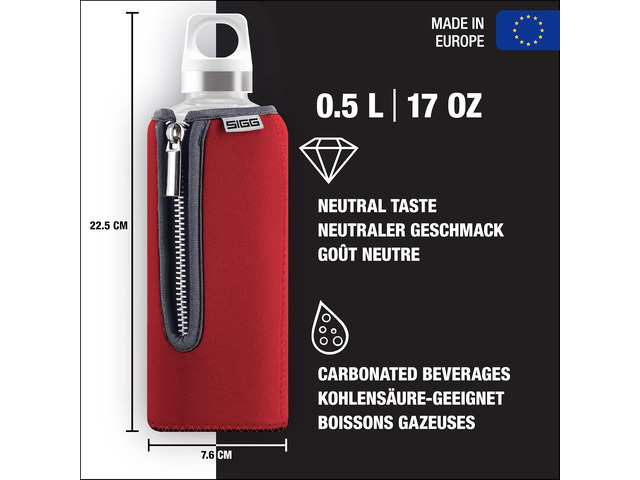 SIGG - Glass Water Bottle - Stella Red - With Neoprene Pouch - Leakproof - Dishwasher Safe - BPA Free - Recycled Glass - 17 Oz