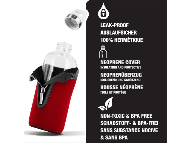 SIGG - Glass Water Bottle - Stella Red - With Neoprene Pouch - Leakproof - Dishwasher Safe - BPA Free - Recycled Glass - 17 Oz