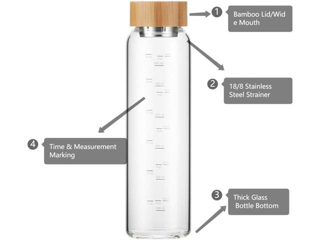 sunkey Glass Water Bottle 32 oz Wide Mouth with Sleeve Bamboo Lid Motivational Water Bottle With Time Marker Reusable Safe for Hot Cold Drinks Bpa...