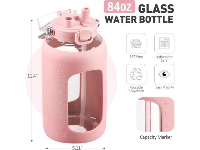 84oz Glass Water Bottle with Stainless Steel Handle,2.5L Gallon Water Bottle with 2-IN-1 Straw Lid, Silicone Sleeve and Motivational Capacity...