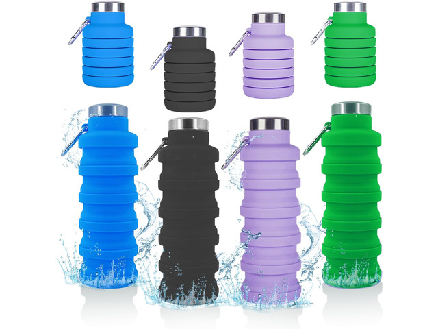 Collapsible Water Bottle,4 Pcs BPA Free Reuseable Silicone Foldable Leakproof 16oz Water Bottles,Portable Lightweight Water Bottles Carabiner for...