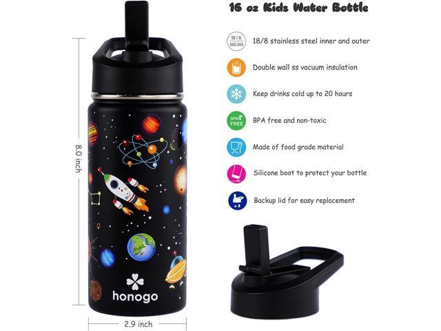 16 oz Stainless Steel Insulated Kids Water Bottle, Leak Proof Metal Thermal Flask with Straw lid, Cute Toddler Tumbler Cup for School Girls & Boys...