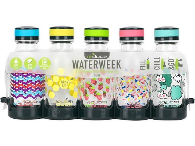 REDUCE WaterWeek Refillable Water Bottles, 14 oz - Includes 5 WaterWeek Leak Proof Tritan Reusable Water Bottles - Includes Fridge Tray - Berry Fun