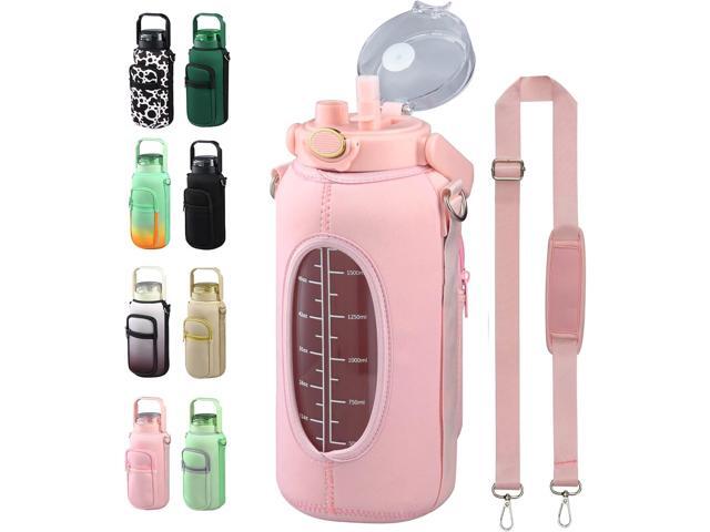 Half Gallon 64oz Glass Water Bottle with Straw and Storage Sleeve Motivational Water Bottle with Strap and Time to Drink 2L Leakproof Reusable...