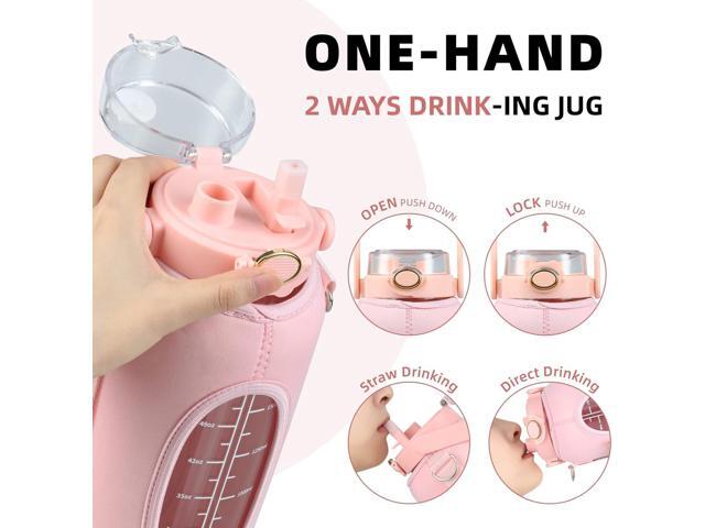 Half Gallon 64oz Glass Water Bottle with Straw and Storage Sleeve Motivational Water Bottle with Strap and Time to Drink 2L Leakproof Reusable...