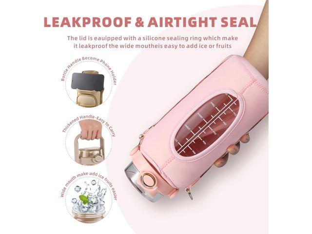 Half Gallon 64oz Glass Water Bottle with Straw and Storage Sleeve Motivational Water Bottle with Strap and Time to Drink 2L Leakproof Reusable...