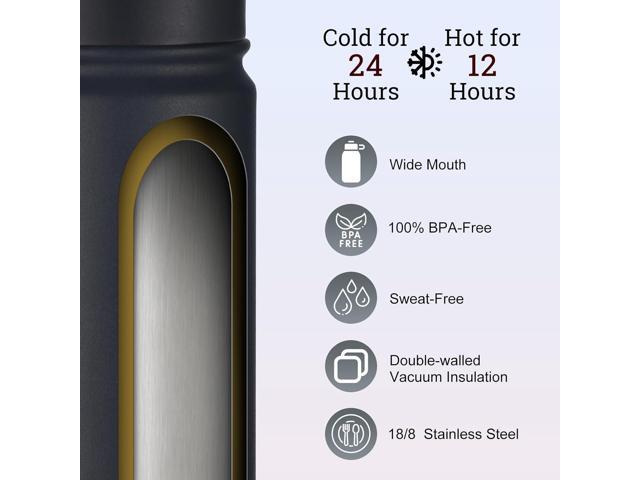 mininoo Insulated Stainless Steel Water Bottle with Straw and Lid for Sports, 24 oz, Black