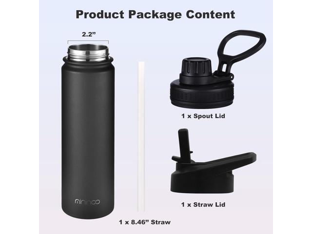 mininoo Insulated Stainless Steel Water Bottle with Straw and Lid for Sports, 24 oz, Black