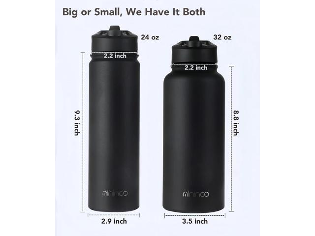 mininoo Insulated Stainless Steel Water Bottle with Straw and Lid for Sports, 24 oz, Black