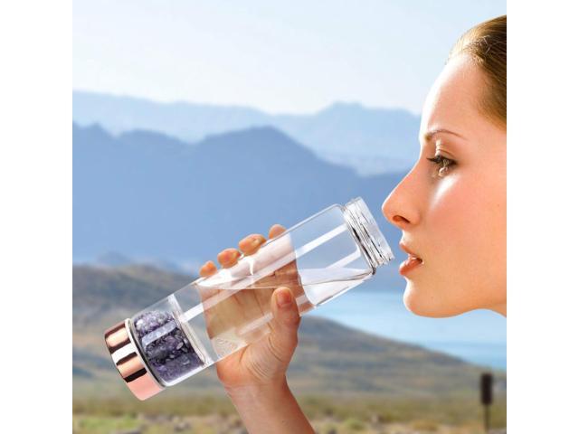 Yoption Crystal Water Bottle, Natural Amethyst Healing Glass Water Bottle, Includes a Loose Leaf Tea Infuser Bottle and Protective Sleeve