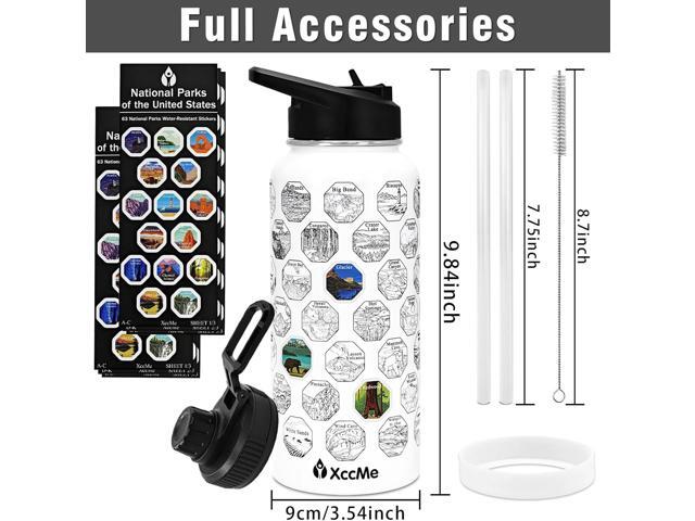 63 National Parks Water Bottle with Stickers,32 oz Stainless Steel Insulated Water Bottle with Straws,2 Lids,Leak Proof Metal Water Cup for...