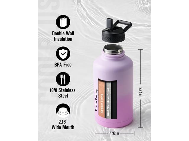 Half Gallon Water Bottle With Straw Lid, Coolplus 64 oz Insulated Stainless Steel Water Jug Metal Double-Walled Vacuum Large Flask With Carry...