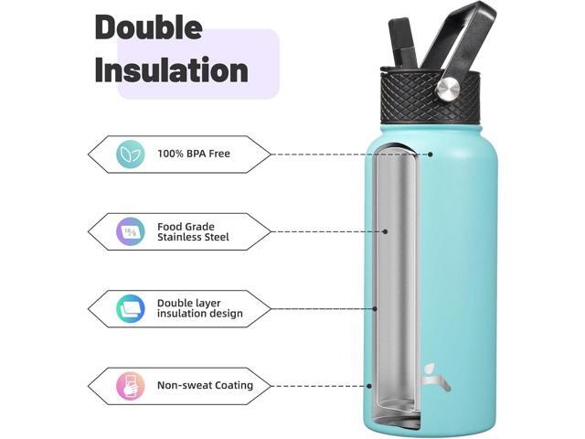 32 oz Insulated Water Bottle Stainless Steel Sport Bottles with 3 Lids,Turquoise