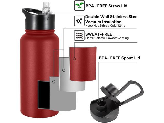 32 oz Insulated Water Bottle Bulk 4 Pack, Stainless Steel Sports Water Bottles with Straw Lid & Wide Mouth Lids, Double Walled Vacuum, Leak Proof, Red