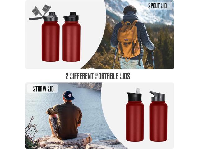 32 oz Insulated Water Bottle Bulk 4 Pack, Stainless Steel Sports Water Bottles with Straw Lid & Wide Mouth Lids, Double Walled Vacuum, Leak Proof, Red