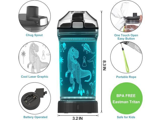 Kids Water Bottle, Dinosaur-themed Light-Up Sport Cup with 3D Glowing LED Dinosaur Light 14 OZ Tritan BPA-Free - Camping, and Holidays (Dinosaur)