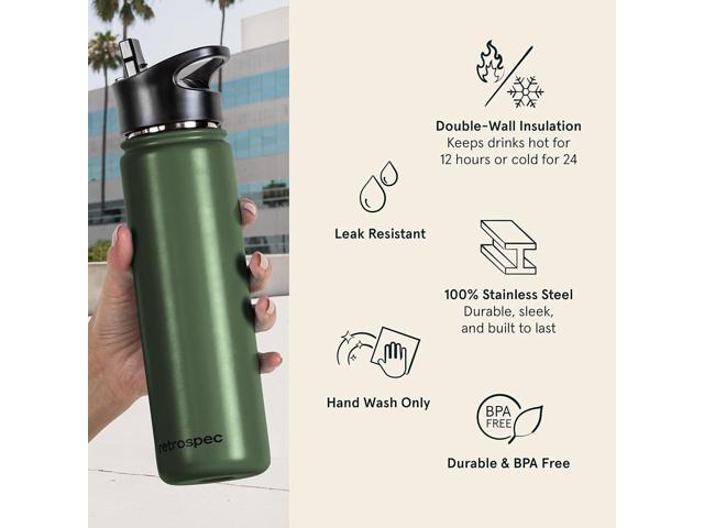 Retrospec Alder Insulated Water Bottle with Straw Lid & Handle Cap - Stainless Steel Wide Mouth Double-Wall Vacuum Insulated Thermos - BPA Free...