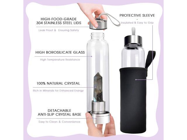 ChezMax Crystal Glass Water Bottle Energy Quartz Gemstone Water Bottle with Changeable Natural Crystal Center for Healing and Wellness Elongated...