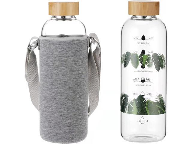 Glass Water Bottle 64 Oz with Time Markers, Wide Mouth Bamboo Lid, Neoprene Sleeve, Bpa Free, Leakproof, Reusable