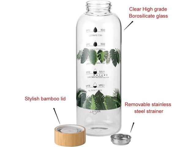 Glass Water Bottle 64 Oz with Time Markers, Wide Mouth Bamboo Lid, Neoprene Sleeve, Bpa Free, Leakproof, Reusable