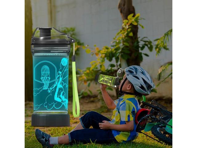 Attivolife Kids Water Bottle, Basketball Sports 3D Illusion LED Light Up with 7 Color Changing - 14 OZ BPA Free - Creative Ideal Travel Cup B-ball...