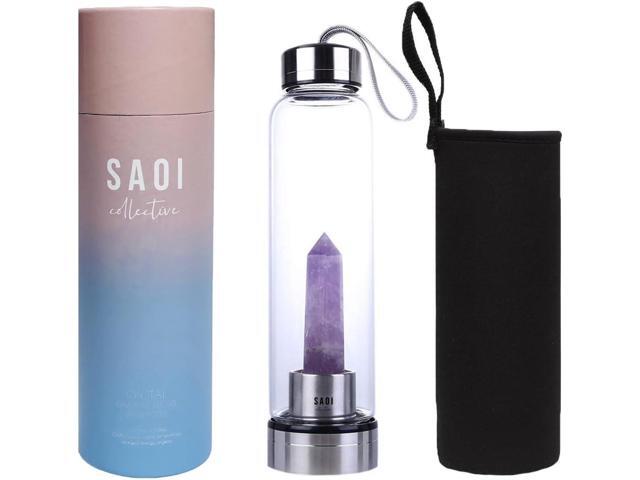 SAOI Crystal Water Bottle - Amethyst - Natural Wellness Healing - Glass/Stainless Steel