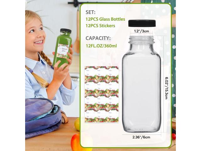 Alotpower 12 oz Glass Juice Bottles with Lids 12Pack, 360ml Square Reusable Drinking Bottles for Juicing, Water, Kombucha Juices, Milk, Beverages...