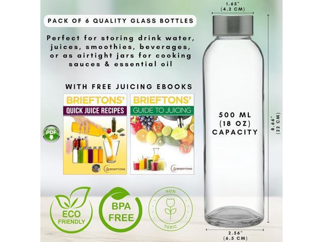 Brieftons Clear Glass Water Bottles With Caps: 6 Pack, 18 Oz Premium Soda Lime, Reusable Drinking Bottle, Sauce Jar, Juice Beverage Container,...
