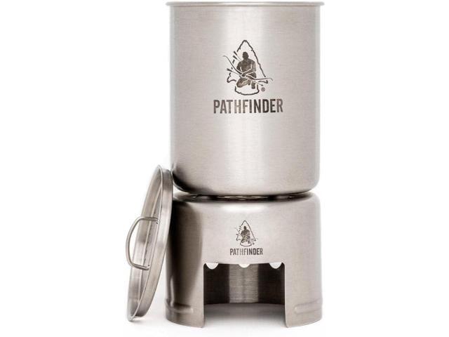 The Pathfinder School Stainless Steel 32oz Water Bottle, Cup with Bat Wing Handles, and Stove Set