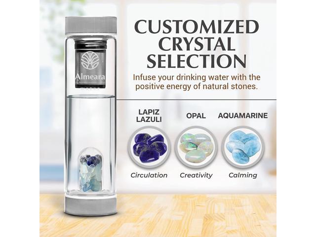 Almeara Crystal Water Bottle with Authentic Lapis Lazuli, Opal Stones & Aquamarine Removable Gemstones, Loose Leaf Tea Infuser - Relaxation,...