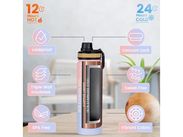 Lexlion Sport Water Bottle 22 Oz - 2 Lids (Straw lid with 2 straws) Leakproof- Triple Walled Insulated Stainless Steel, Gym Outdoor Sport Home...