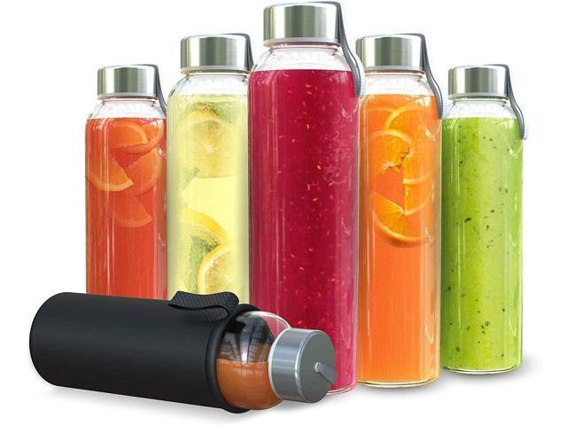 Chef's Star 18 Oz Glass Water Bottles, Glass Drinking Bottle with Protection Sleeve, Juice Bottles with Stainless Steel Leak Proof Lids, Pack of 6