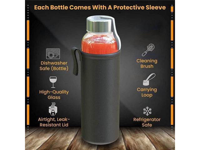 Chef's Star 18 Oz Glass Water Bottles, Glass Drinking Bottle with Protection Sleeve, Juice Bottles with Stainless Steel Leak Proof Lids, Pack of 6