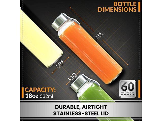 Chef's Star 18 Oz Glass Water Bottles, Glass Drinking Bottle with Protection Sleeve, Juice Bottles with Stainless Steel Leak Proof Lids, Pack of 6